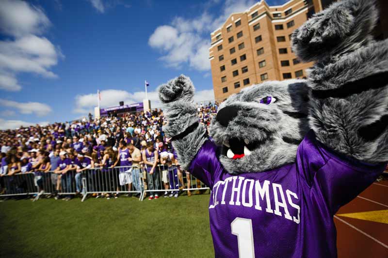 The St. Thomas mascot at a sports game